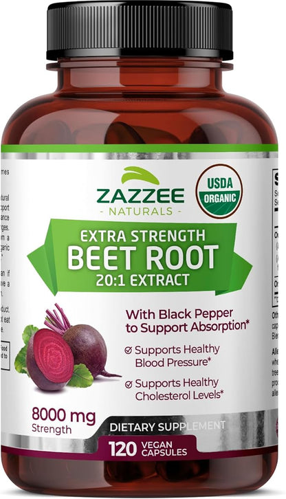 Zazzee USDA Organic Beet Root 8000 mg Strength 20:1 Extract, 120 Vegan Quick Release Capsules, Black Pepper Extract for Enhanced Absorption, Supports Nitric Oxide Production, Non-GMO, Made in The USA