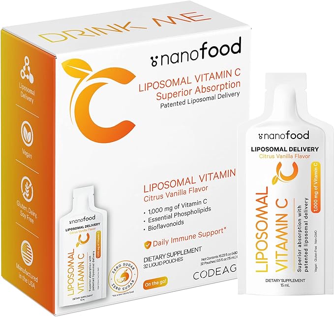 Codeage Liposomal Vitamin C Liquid 1000mg Vitamin C, 4000mg Essential Phospholipids, Supplement For Daily Immune Support, Liposomes For Absorption, Citrus Bioflavonoids, Vitamin E, Non-GMO, 32 Pouches