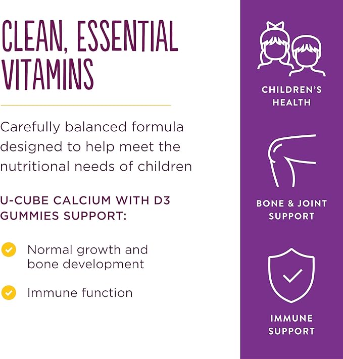 Solgar U-Cubes Children's Calcium with Vitamin D3, 120 Gummies - 3 Flavors, Pink Lemonade, Blueberry & Strawberry - Supports Bone & Teeth Health - Non GMO Gluten Free, Dairy Free - 60 Servings