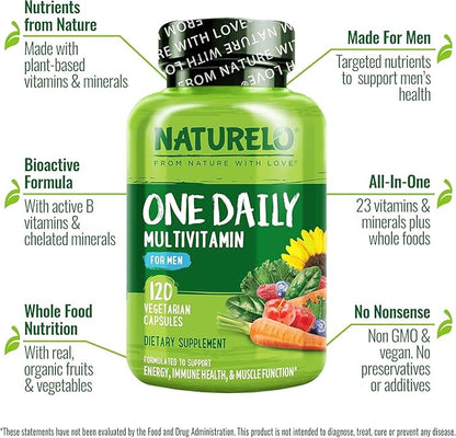 NATURELO Mens Multivitamins - One Daily Multivitamin for Men with Vitamins, Minerals & Organic Whole Foods, Boost Energy & Health, Non-GMO, 120 Vegetarian Capsules