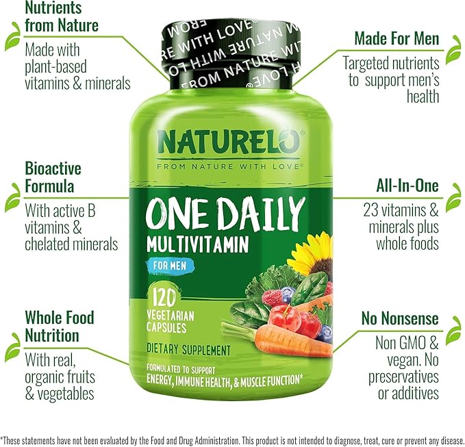 NATURELO Mens Multivitamins - One Daily Multivitamin for Men with Vitamins, Minerals & Organic Whole Foods, Boost Energy & Health, Non-GMO, 120 Vegetarian Capsules