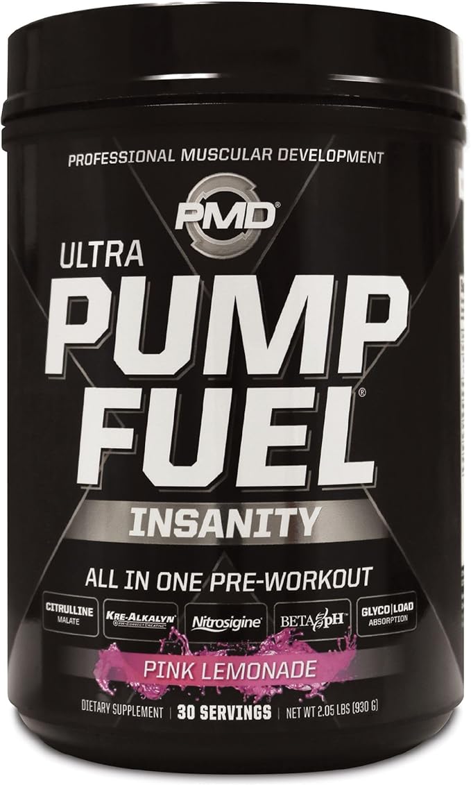 PMD Sports Ultra Pump Fuel Insanity - Pre Workout Drink Mix for Energy, Strength, Endurance, Recovery - Complex Carbohydrates and Amino Energy - Electric Pink Lemonade (30 Servings)