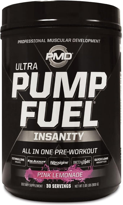 PMD Sports Ultra Pump Fuel Insanity - Pre Workout Drink Mix for Energy, Strength, Endurance, Recovery - Complex Carbohydrates and Amino Energy - Electric Pink Lemonade (30 Servings)