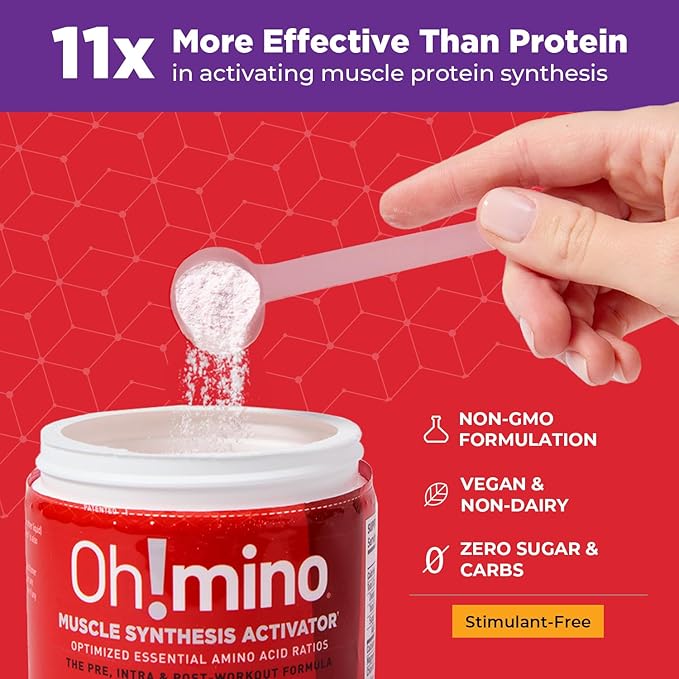 Oh!mino Amino Acid Energy Blend - Sugar-and-Stimulant-Free, Pre-Post Workout Powder, BCAA Amino Acids, Workout Recovery Drink, Muscle Synthesis Activator, Berry Blast, 280 g, 40 Servings