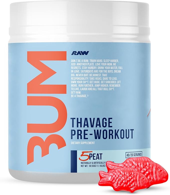 RAW Preworkout Powder, Thavage (5 Peat, Red Gummy) - Chris Bumstead Sports Nutrition Supplement for Men & Women - Cbum Pre Workout for Working Out, Hydration, Mental Focus & Energy - 40 Servings