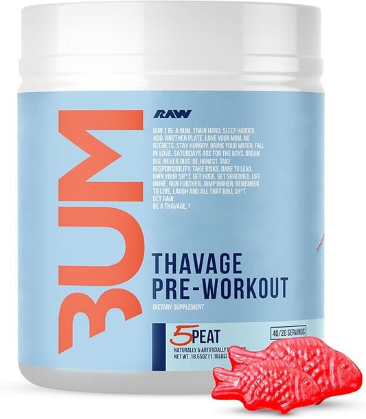 RAW Preworkout Powder, Thavage (5 Peat, Red Gummy) - Chris Bumstead Sports Nutrition Supplement for Men & Women - Cbum Pre Workout for Working Out, Hydration, Mental Focus & Energy - 40 Servings