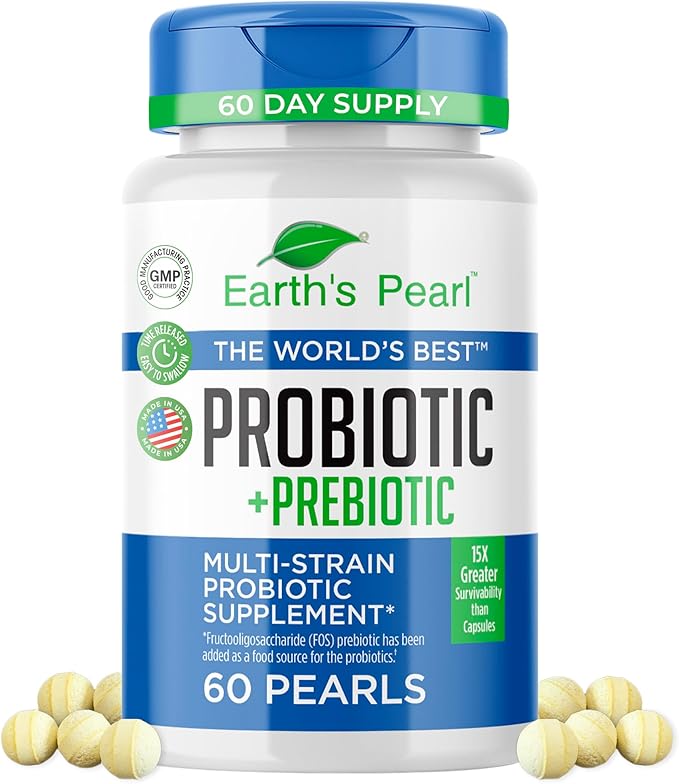 Earth's Pearl Probiotic Pearls for Women and Men - Kids Probiotic with Prebiotic Fiber - Daily Probiotic for Women and Men - 60-Day Supply of Prebiotics and Probiotics for Women and Men Probiotic