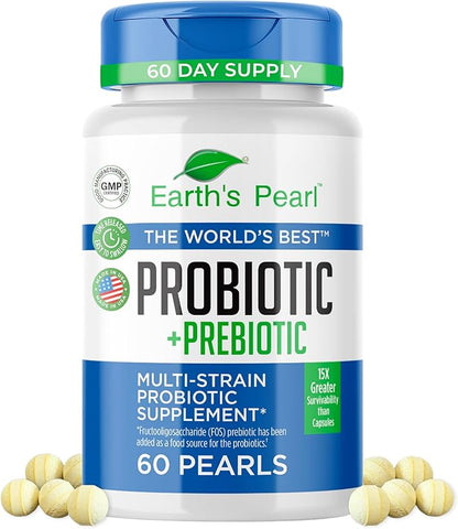 Earth's Pearl Probiotic Pearls for Women and Men - Kids Probiotic with Prebiotic Fiber - Daily Probiotic for Women and Men - 60-Day Supply of Prebiotics and Probiotics for Women and Men Probiotic