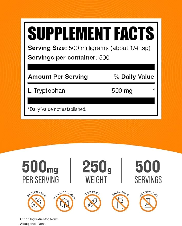 BulkSupplements.com L-Tryptophan Powder - L-Tryptophan 500mg, Tryptophan Supplement - Amino Acid Supplement, Gluten Free, 500mg per Serving, 250g (8.8 oz) (Pack of 1)