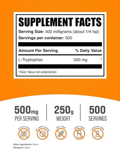 BulkSupplements.com L-Tryptophan Powder - L-Tryptophan 500mg, Tryptophan Supplement - Amino Acid Supplement, Gluten Free, 500mg per Serving, 250g (8.8 oz) (Pack of 1)
