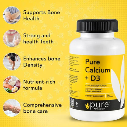 Chewable Calcium + Vitamin D3 Gummies – Vegan Vitamin Supplements for Bones & Teeth Support, 1000 IU– Gluten and Dairy Free - Kosher (60 Gummies)