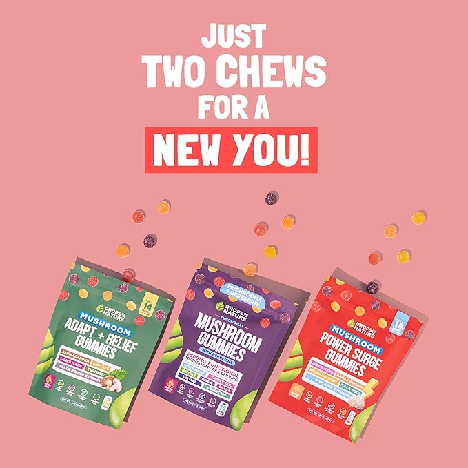 Mushroom Supplement Power Surge Gummies - Lions Mane, Maca Root, Panax Ginseng, Vitamin B12 & Rhodiola - Vegan, Vitamin B Complex - Mushroom Gummies for Energy and Wellness (Mixed Fruits, 60 Gummies)