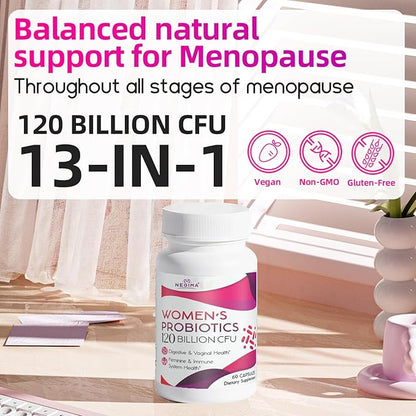 Menopause Supplements for Women, 120 Billion CFUs Probiotics for Women, 13-in-1 Herbs & Botanicals Complex, for Hormone Menopause, Hot Flashes, Night Sweats, Mood Swings, Sleep Disturbances - 240 Caps