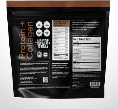 Protein + Collagen Powder | 23g Protein (Grass-Fed Whey + Collagen) | 3.7g BCAAs | Supports Muscle & Joint Health | Gluten & Soy Free | No Artificial Ingredients | 15 Sachets - Chocolate