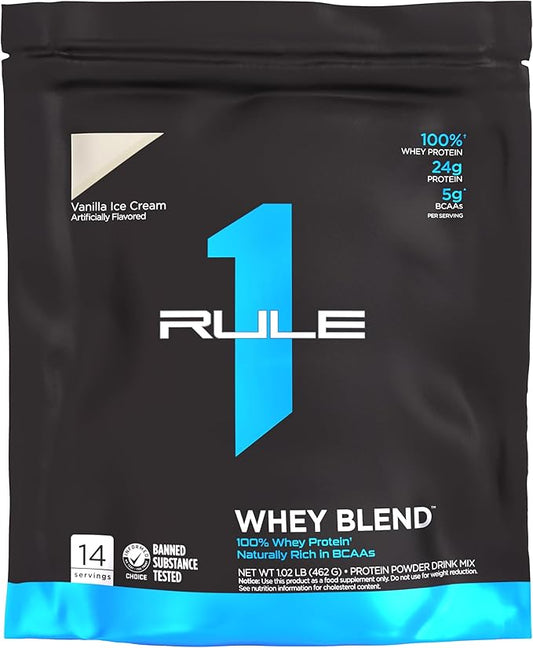 Rule One Proteins, R1 Whey Blend - 24g Fast-Acting Whey Protein Concentrates, Isolates, and Hydrolysates Per Serving, with Naturally Occurring EAAs and BCAAs (1 Pounds*, Vanilla Ice Cream)