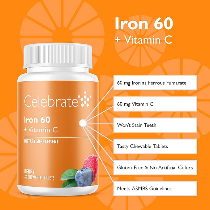 Celebrate Vitamins Iron Supplement with Vitamin C - 60mg Iron, 60mg Vitamin C, Bariatric Vitamins for WLS Patients, Vertical Sleeve & Gastric Bypass Surgery - Berry, 30 Chewable Tablets