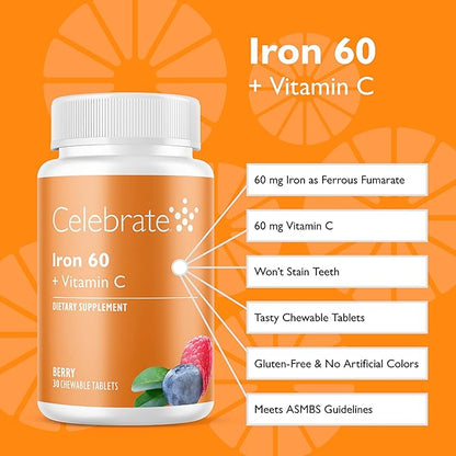 Celebrate Vitamins Iron Supplement with Vitamin C - 60mg Iron, 60mg Vitamin C, Bariatric Vitamins for WLS Patients, Vertical Sleeve & Gastric Bypass Surgery - Berry, 30 Chewable Tablets