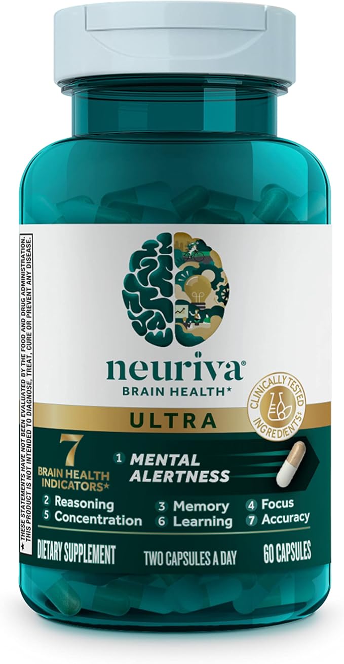 NEURIVA Ultra Decaffeinated Clinically Tested Nootropic Brain Supplement for Mental Alertness, Memory, Focus & Concentration, Cognivive, Neurofactor, Phosphatidylserine, Vitamins B6 B12, 60 Capsules