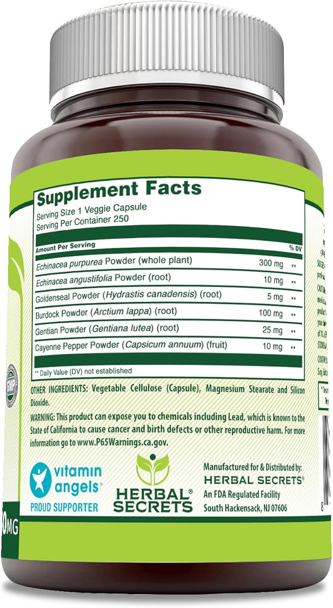 Herbal Secrets Echinacea & Goldenseal Root Supplement | 450 Mg Per Serving | 250 Veggie Capsules | Non-GMO | Gluten-Free | Made in USA (250 Veggie Capsules)