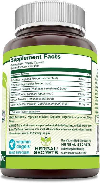 Herbal Secrets Echinacea & Goldenseal Root Supplement | 450 Mg Per Serving | 250 Veggie Capsules | Non-GMO | Gluten-Free | Made in USA (250 Veggie Capsules)