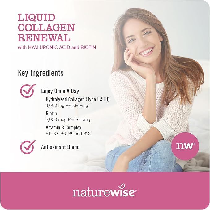 NatureWise Liquid Collagen for Women & Men 4000mg, Type 1 & 3 Peptides with Biotin for Hair, Skin and Nails + Vitamin C + Vitamin B Complex - Low Sugar - Mixed Berry - 30 Tubes