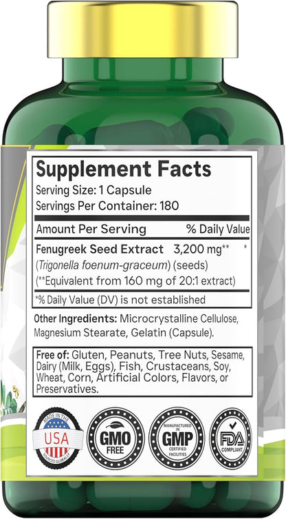 Fenugreek Capsules: 3200 mg - 180 Capsules | Fenugreek Supplement for Men & Women | Fenugreek Seed Powder Extract | Non-GMO | Made in The USA!