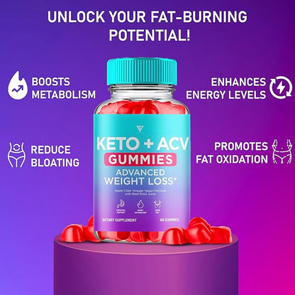 Keto ACV Gummies Advanced Weight Loss Belly Fat Burners Product Works Fast, ACV Keto Gummy Detox Cleanse Diet Apple Cider Vinegar Metabolism(60 Count)