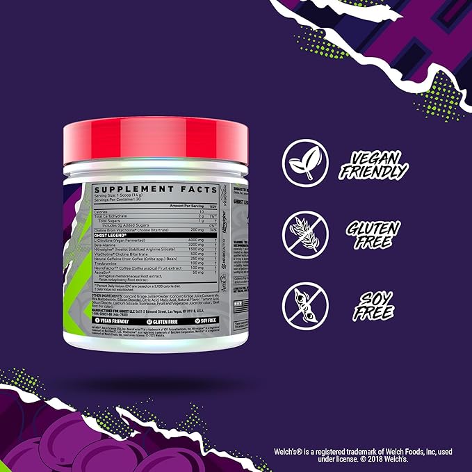GHOST Legend V3 Pre-Workout Powder, Welch's Grape - 30 Servings – Pre-Workout for Men & Women with Caffeine, L-Citrulline, & Beta Alanine for Energy & Focus - Vegan Friendly, Free of Soy & Gluten