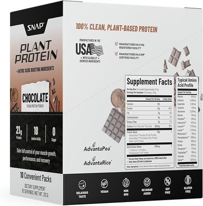 Snap Supplements 100% Plant Based Protein Powder Stick Packs with Nitric Oxide Booster (10 Pack, Chocolate)