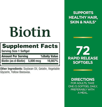 Nature’s Bounty Biotin Supplement, Supports Healthy Hair, Skin & Nails, 5000mcg, 72 Rapid Release Softgels