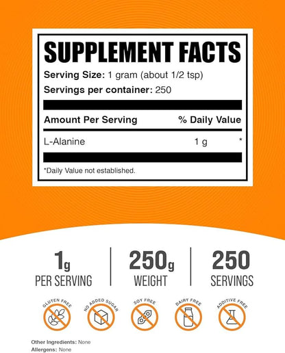 BulkSupplements.com L-Alanine Powder - Alanine Supplement, L-Alanine 1000mg - Amino Acid Supplement, Amino Acid Powder - Unflavored & Gluten Free, 250g (8.8 oz) (Pack of 1)