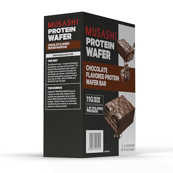 MUSASHI Protein Wafer Bar, 11g Protein, 4g Total Sugars, Chocolate Flavored, Post Workout and Protein Snack On The Go, 12 Pack of 1.4oz (40g) Bars