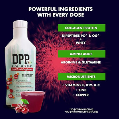 Nutritional Designs DPP Dipeptide, Wound-Healing Liquid Collagen & Whey Protein Supplement, Sugar-Free, Promotes Healthy Skin & Hair for Men & Women (Cherry, Bottle, 32 Fl Oz)