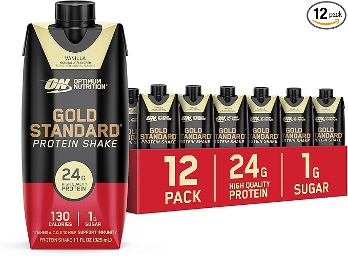 Optimum Nutrition Gold Standard Protein Shake, 24g Protein, Ready to Drink Protein Shake, Gluten Free, Vitamin C for Immune Support, Vanilla, 11 Fl Oz, 12 Count (Pack of 1) (Packaging May Vary)