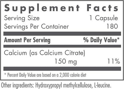 Nutricology Calcium Citrate - Pure Calcium, Bone Strength, Well-Absorbed, Without Vitamin D, Calcium Only, 150mg Supplement, Vegetarian Capsules - 180 Count