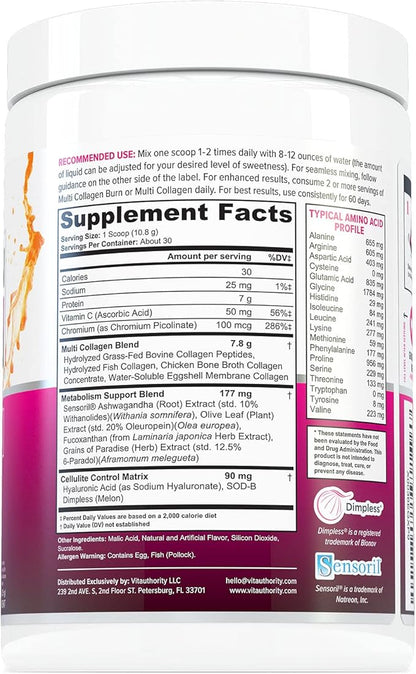 Hydrolyzed Collagen Peptides Powder for Women - Slimming Multi Collagen Burn Ultimate Beauty Complex with Hyaluronic Acid Vitamin C & Types I II III V and X Collagen for Women - Tropical Punch