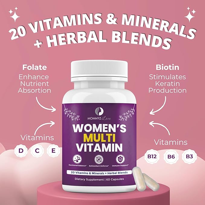 Mommyz Love Womens Multivitamin - Comprehensive Womens Daily Multivitamins for Women's Health, Energy, Focus, Mood, Hair, Skin, and Nails (60 Capsules)