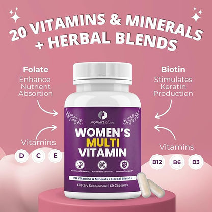 Mommyz Love Womens Multivitamin - Comprehensive Womens Daily Multivitamins for Women's Health, Energy, Focus, Mood, Hair, Skin, and Nails (60 Capsules)