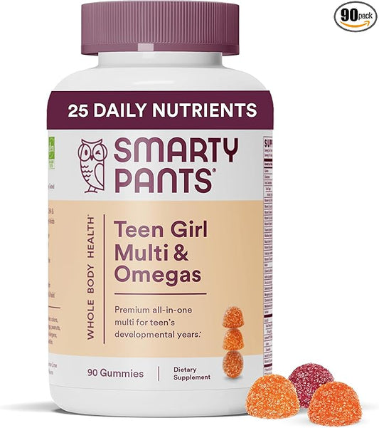 SmartyPants Teen Girl Multivitamin Gummies: Omega 3 Fish Oil (EPA/DHA), Vitamin C, D3, B12, Vitamin A, K & Zinc, Gluten Free, Includes Biotin to Support Hair, Skin & Nails, 90 Count (22 Day Supply)