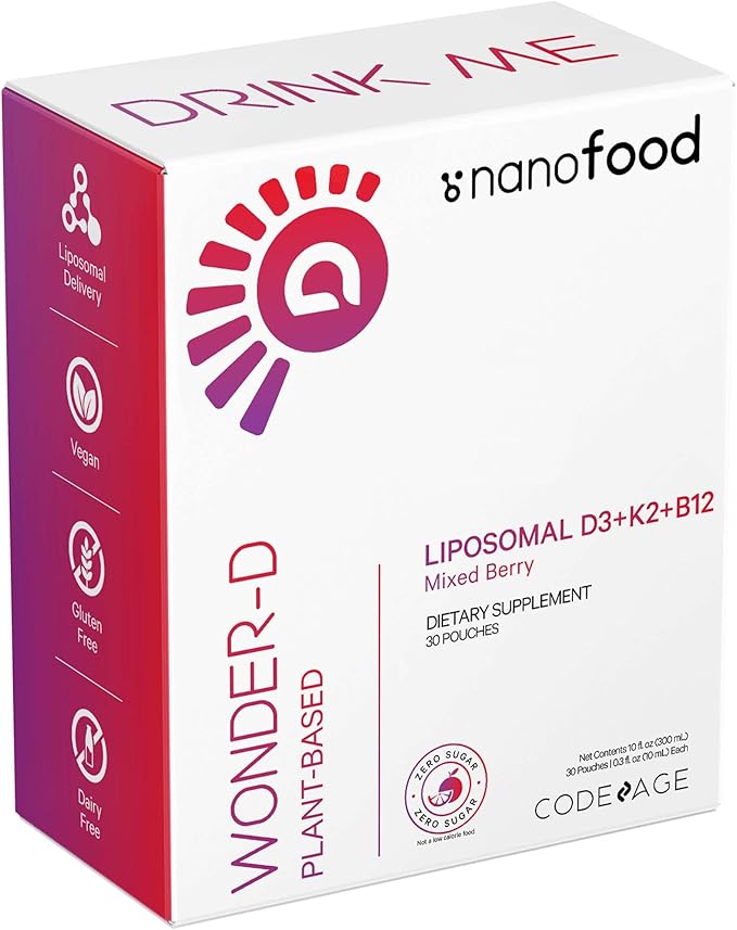 Codeage Liposomal Vitamin D3 Liquid Supplement Sachet, Wonder-D Cholecalciferol Vegan Liquid Multivitamin, Plant-Based Vitamins K2 B12, Non-GMO Phospholipids, Vitamin E, Berry Flavor - 30 Pouches