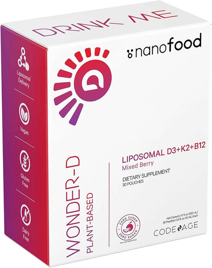 Codeage Liposomal Vitamin D3 Liquid Supplement Sachet, Wonder-D Cholecalciferol Vegan Liquid Multivitamin, Plant-Based Vitamins K2 B12, Non-GMO Phospholipids, Vitamin E, Berry Flavor - 30 Pouches
