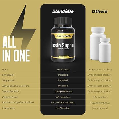 Blend&Be Testo Support | All-in-ONE Herbal Dietary Supplement | Tongkat Ali, Fenugreek, Ginseng, Maca, Ashwagandha, Spirulina Tribulus,Black Seed and Cinnamon.+ ★Free E-Book ★