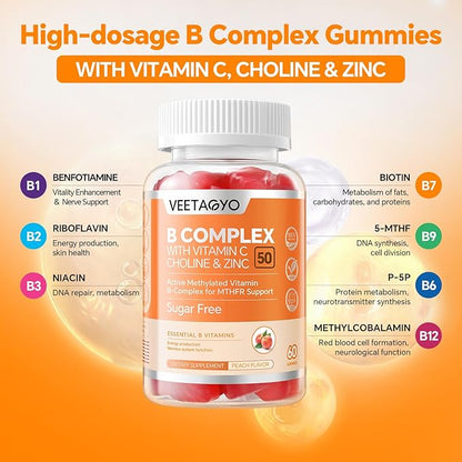 B Complex 50 Gummies ,Methylated B Complex with Vitamin C,Choline & Zinc - Active Methylated B-Complex for Energy,Methylated Support - All B Vitamins - B1,B2,B3,B5,B6,B7,B9,B12 - Sugar Free,120 Count
