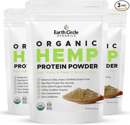 Organic Hemp Protein Powder, Lab Tested 100% Gluten Free, Plant Based & Vegan Raw Protein Powder - Perfect for Keto, Meal Replacement Shakes, Pre-workout and Post Workout (8oz, Pack of 3)