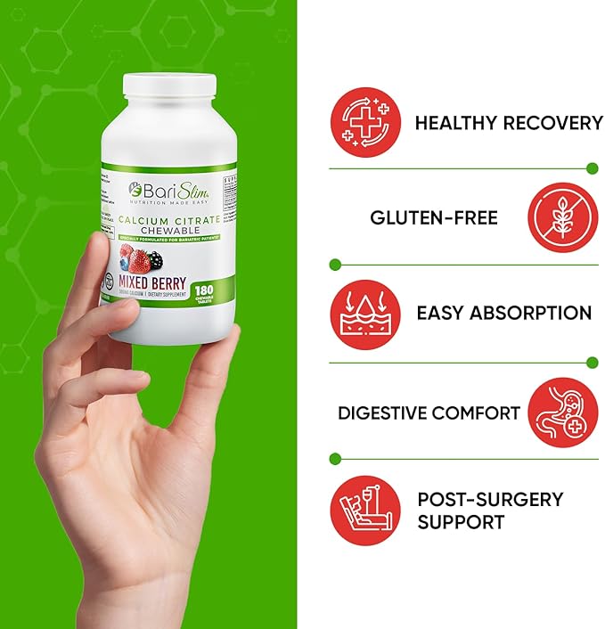 BariSlim Bariatric Calcium Citrate with Magnesium and Vitamin D Tabs - 500 mg of Calcium Citrate Per Serving - Formulated for Patients After Weight Loss Surgery | Mixed Berry (90 Servings)