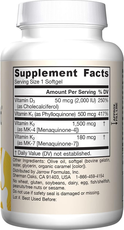 Jarrow Formulas K-Right - Vitamin K-Complex (K1, MK-4, MK-7, D3) - 60 Servings (Softgels) - Dietary Supplement for Bone & Cardiovascular Health Support - Vitamin K2 MK-7 - Gluten Free