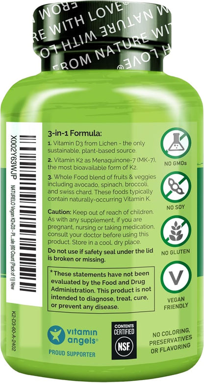 NATURELO Vitamin D3 K2 - Vegan K2+D3 with Plant Based D3 from Lichen - Natural D3 Supplement for Immune System, Bone Support, Heart Health - Whole Food - Non-GMO - Gluten Free, 60 Capsules