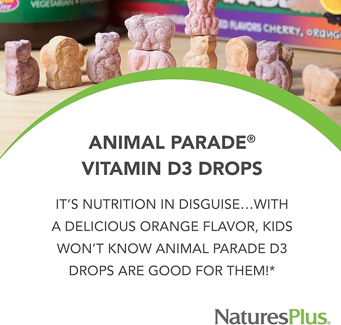 NaturesPlus Animal Parade Source of Life Liquid Vitamin D3 Drops for Children - 200 iu, 10 ML - Orange Flavor - Bone Health & Immune System Support Supplement - Gluten-Free, Vegetarian - 365 Servings
