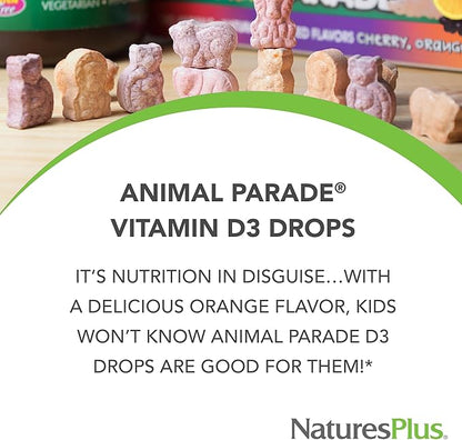 NaturesPlus Animal Parade Source of Life Liquid Vitamin D3 Drops for Children - 200 iu, 10 ML - Orange Flavor - Bone Health & Immune System Support Supplement - Gluten-Free, Vegetarian - 365 Servings