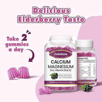 Calcium Gummies for Women Men, Calcium Magnesium Zinc with Vitamin D3 & K2, Calcium Magnesium Supplement for Bones Muscles and Joints, Elderberry Flavor - 60 Count